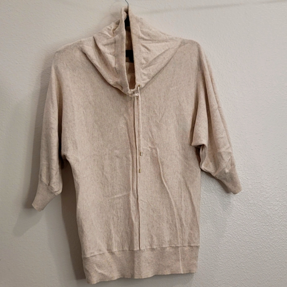 Ecru 3/4 Sleeve Cowl Neck Sweater with Gold Details, Small